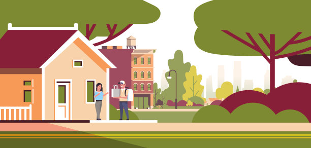 女人从男人接收订单的快递员帽与背包和纸包快递食品从商店或餐厅概念现代住宅建筑外观扁平水平全长图片下载