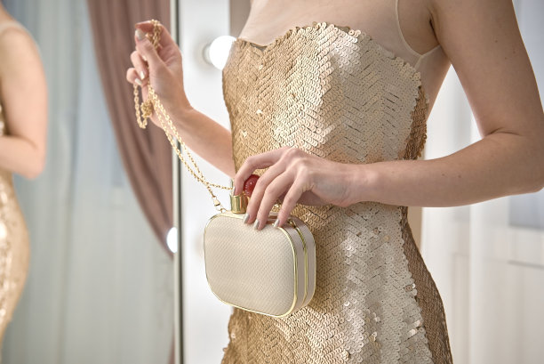 女士的手提包在一个女孩的手中闪闪发光的裙子图片下载