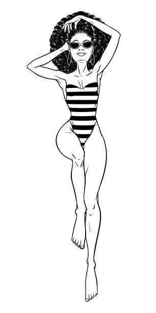 年轻漂亮的黑人女人穿着泳衣。沙滩女郎，比基尼，暑假。魅力非裔美国模特。向量漫画插图图片下载
