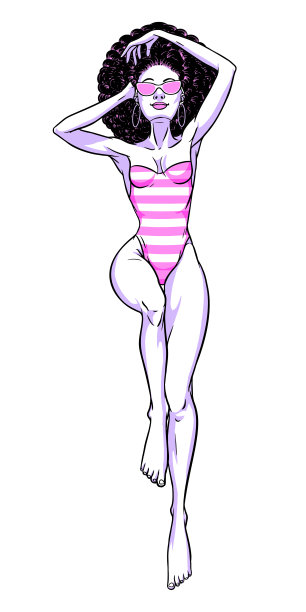 年轻漂亮的黑人女人穿着泳衣。沙滩女郎，比基尼，暑假。魅力非裔美国模特。向量漫画插图图片下载