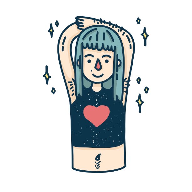 设计一个小女孩的横幅。可爱的卡通女人体毛。身体正面海报的快乐角色。女权主义少年模特，腋下没有刮毛。向量。图片下载