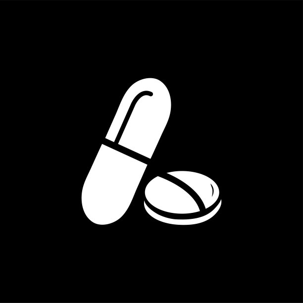 医药图标在黑色背景。黑色平面风格矢量插图。图片下载