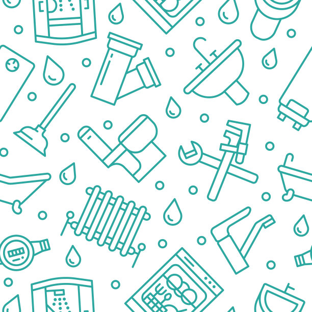 管道服务矢量无缝模式与平面线条图标的住宅浴室设备，水龙头马桶，洗衣机，洗碗机。水管工维修插图，细线形标志，勤杂工服务图片下载