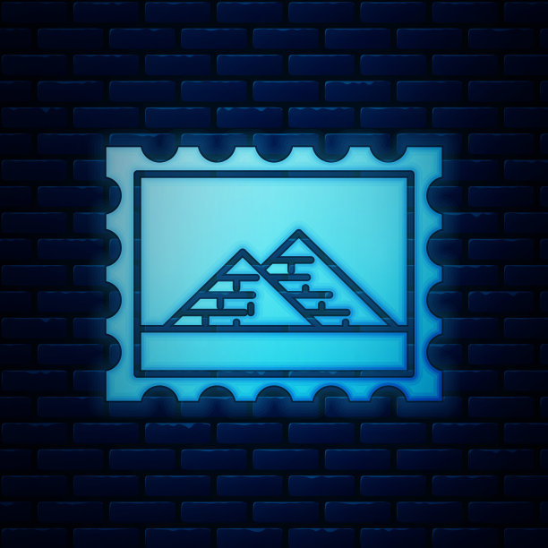 发光的霓虹灯邮票和埃及金字塔的图标孤立在砖墙的背景。矢量图图片下载