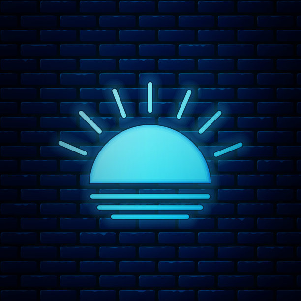 霓虹灯日落图标孤立在砖墙的背景。矢量图图片下载