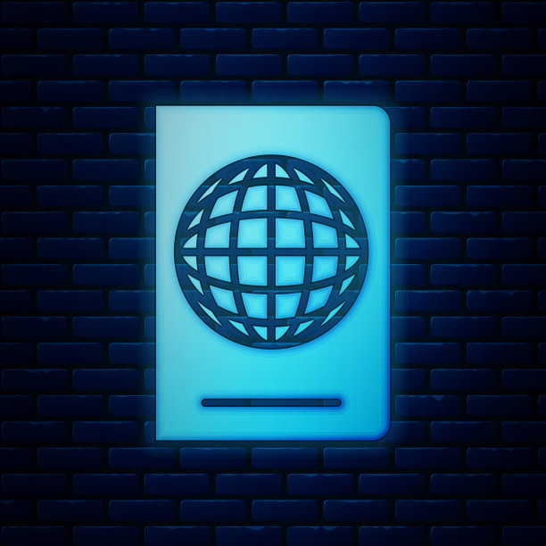 发光的霓虹灯护照与生物特征数据图标隔离在砖墙的背景。身份证明文件。矢量图图片下载