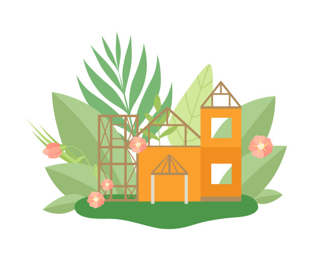 在春天或夏天的建设过程中的房子与盛开的花和叶矢量插图图片下载