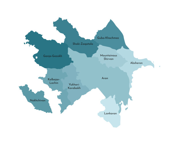 阿塞拜疆简化行政地图矢量孤立插图。地区的边界和名称。五颜六色的蓝色卡其色轮廓图片下载