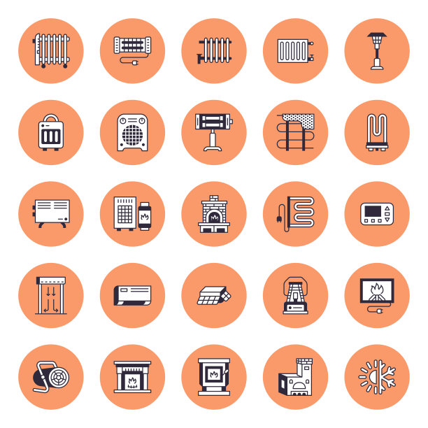 开水器、恒温器、电燃气太阳能加热器等家居采暖电器系列图标。薄线性象形图。设备存储的迹象图片下载