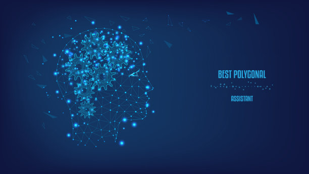 多边形头部和齿轮的轮廓在大脑的形状。多边形的例证三角形和点。人的思维概念，思维过程的形象化。美丽的深蓝色夜空的背景。低聚。图片下载