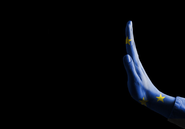 停止手势与欧盟旗帜和空白文字/工作室拍摄概念(点击更多)图片下载