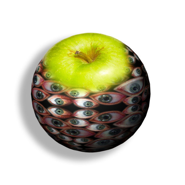 混合图像的人的眼睛充满绿色苹果在白色的背景图片下载
