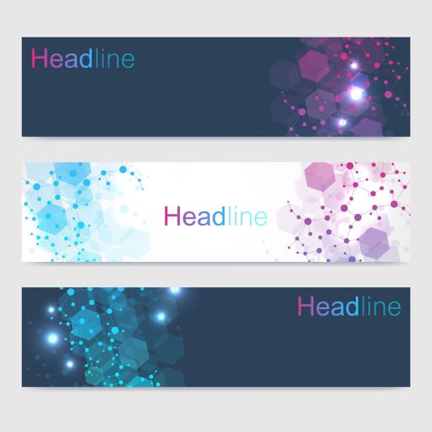 科学的现代矢量横幅。DNA分子结构与连接的线和点。科技理念。波浪流图形背景为您的设计。矢量插图。图片下载