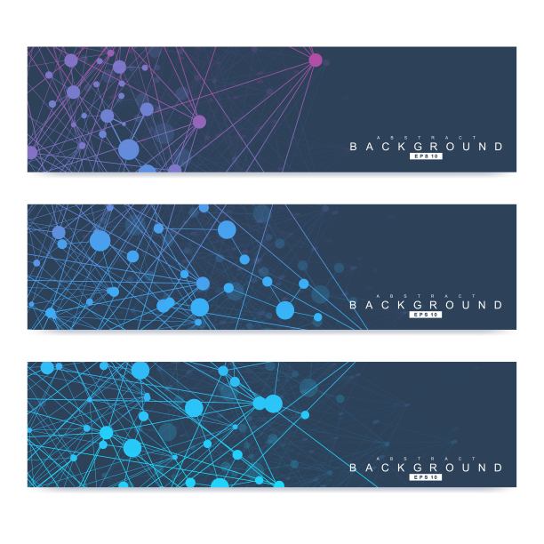 科学的现代载体旗帜。DNA分子结构与连接的线和点。科技观念。波浪流图形背景为您的设计。矢量插图。图片下载