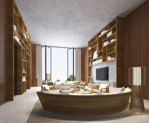 在热带阁楼客厅的木质架子上建立三维渲染与豆袋图片下载