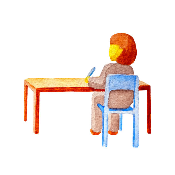 水彩平后视图的一个白人女学生深色头发坐在一个单独的木桌子后面没有邻居，听和看。教育观念。缺少学生的问题图片下载
