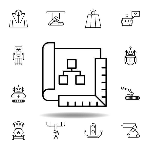 机器人计划大纲图标。一组机器人插图图标。标志、符号可用于网页、logo、手机应用、UI、UX图片下载