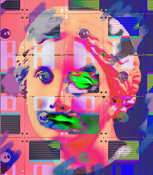 现代概念艺术海报与脸古代雕像和软盘。当代艺术的拼贴画。图片下载