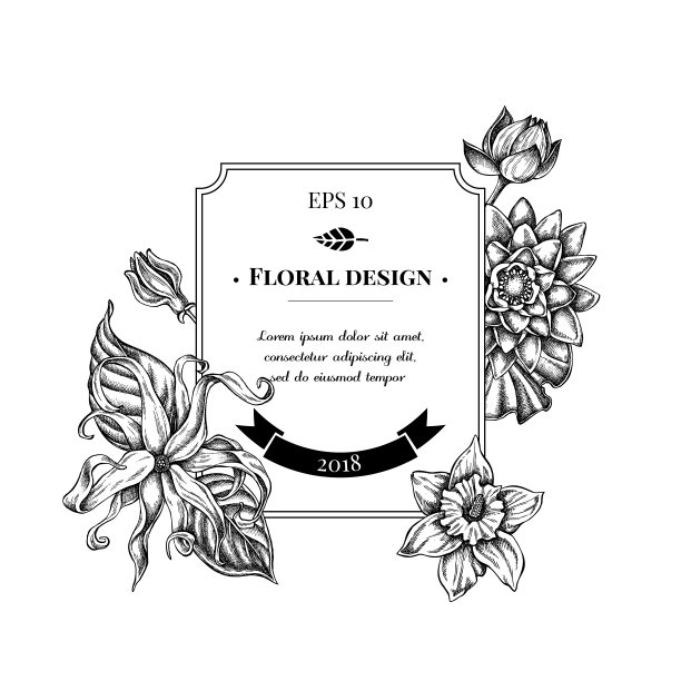 徽章设计有黑白依兰、水仙花、荷花图片下载