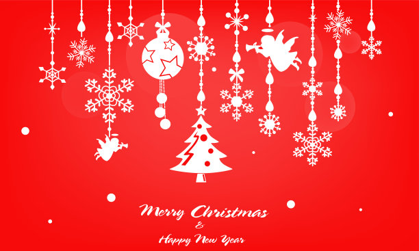 剪影圣诞快乐和新年贺卡在悬挂绳索风格在红色的背景图片下载