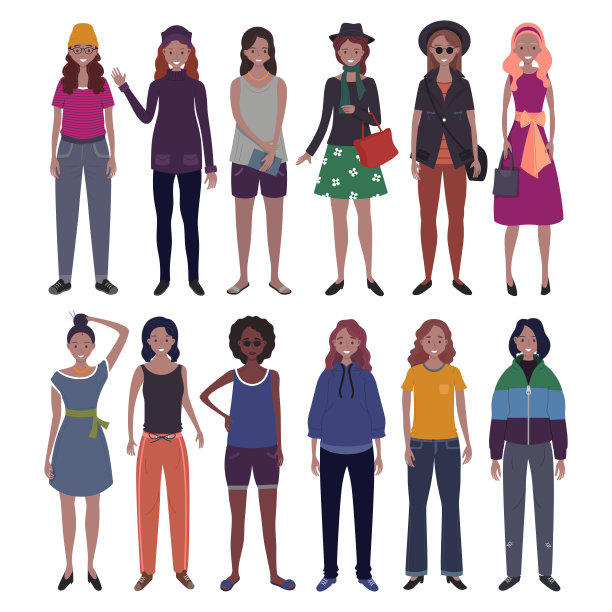 一组穿着时尚休闲装的女性。平面卡通矢量插图。图片下载