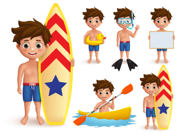 夏天男孩孩子向量字符集。海滩男孩与夏日户外活动，如冲浪图片下载
