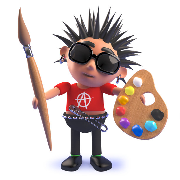 3d朋克摇滚卡通人物拿着画笔和调色板和颜料图片下载