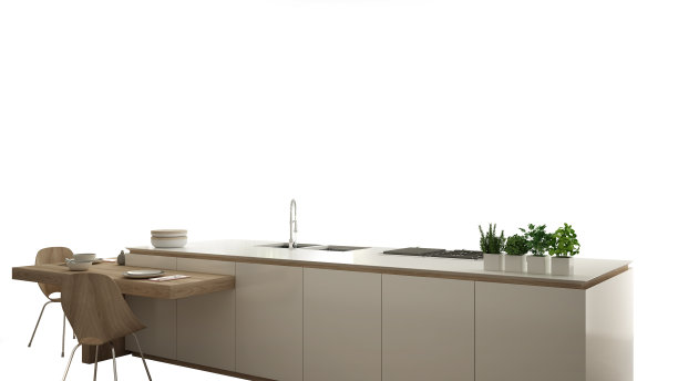 现代白色厨房与木质细节在当代豪华公寓，室内设计理念理念，孤立在白色背景与复制空间，极简主义家具图片下载