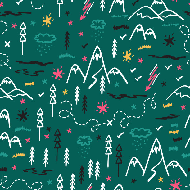 露营自然矢量背景的孩子。卡通山和森林区域地图无缝模式。手绘涂鸦山，山，树，徒步小径和星空图片下载