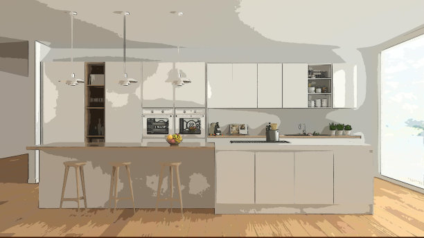 卡通插图舒适的现代厨房，室内设计。丰富多彩的背景，带有家具的公寓概念，数字绘画，初步写生簿，建筑理念图片下载