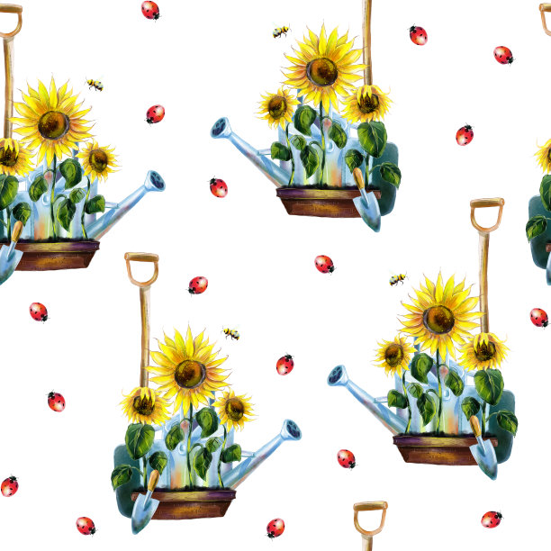 美丽的手绘水彩蔬菜和花卉花园无缝图案设计图片下载