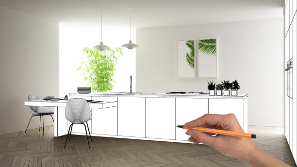 未完成的项目，正在施工图，概念室内设计图，手绘蓝图厨房效果图，在真实的背景，建筑师和设计师的想法图片下载