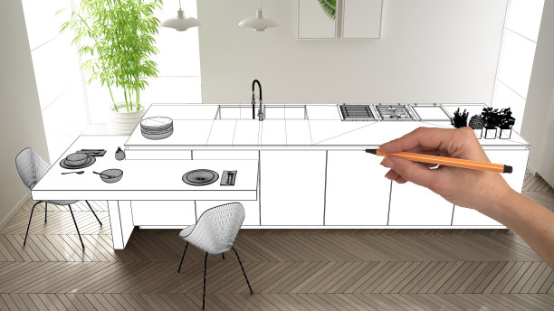 未完成的项目，正在施工图，概念室内设计图，手绘厨房效果图，建筑师和设计师的想法，俯视图图片下载