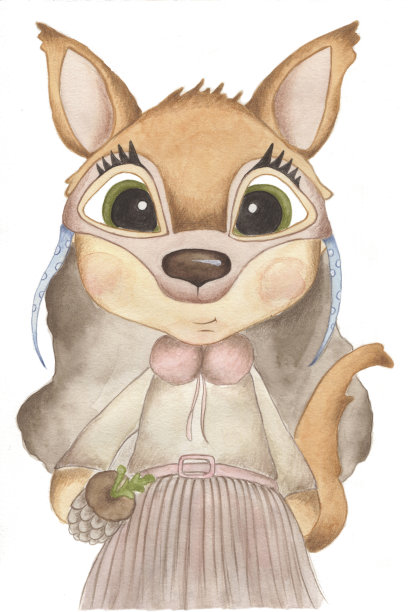 森林动物水彩画插图。一个女孩戴着动物面具。图片下载