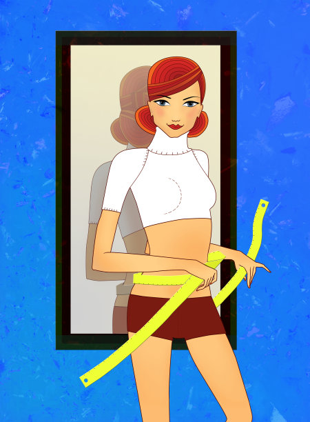 饮食和减肥。腰上带着卷尺的女孩要买一面镜子。图片下载