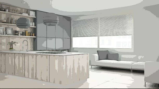 卡通插图舒适的现代厨房，室内设计。丰富多彩的背景，带有家具的公寓概念，数字绘画，初步写生簿，建筑理念图片下载