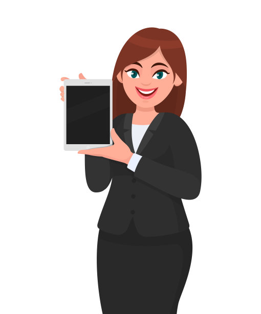 快乐的年轻商业女性展示或拿着一个全新的数字平板电脑在手里。女性角色设计插画。现代生活方式，科技小玩意的概念在矢量卡通风格。图片下载