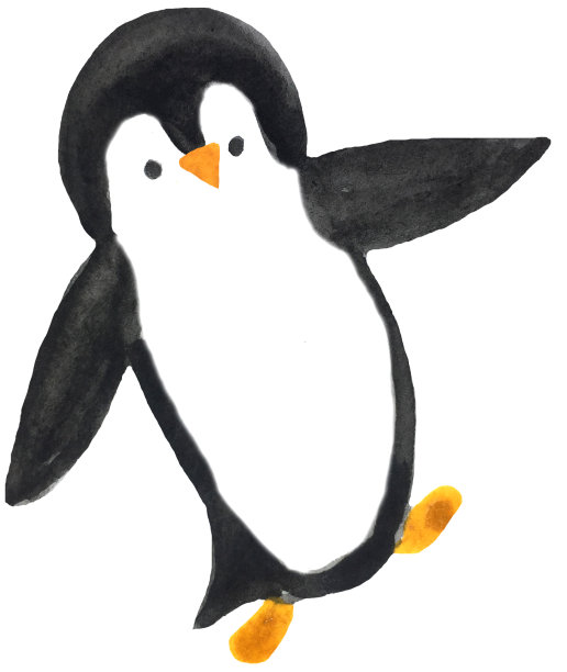 一只白色的卡通企鹅在跳舞。水彩手绘插画的设计和打印图片下载