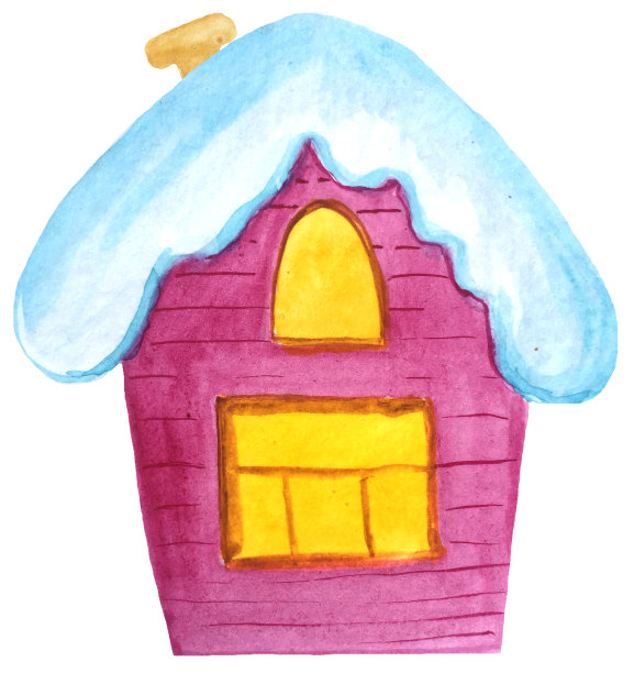 带管子的冬季卡通屋。白底水彩手绘插画海报设计图片下载