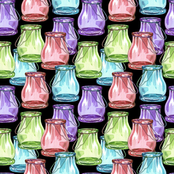 无缝图案与水彩彩玻璃罐。彩色透明玻璃瓶。无缝模式上的黑色背景。图片下载