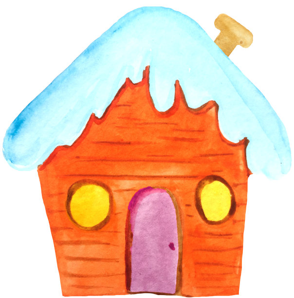 带管子的冬季卡通屋。白底水彩手绘插画海报设计图片下载