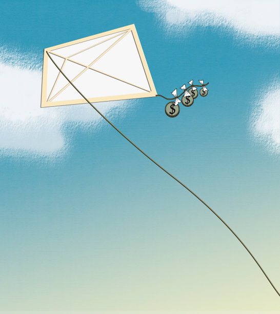 风筝带着硬币的尾巴，在蓝天里飘着白云素材图片