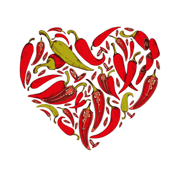 矢量背景与辣椒插图手绘心形食物图像图片下载