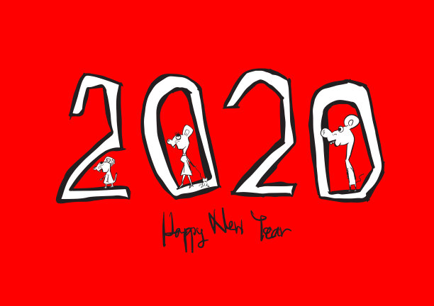 2020文字设计与鼠标卡通人物矢量插图，新年快乐，日历封面2020年模板，字母元素，书法2020年，老鼠标志，手写孤立在红色背景上图片下载