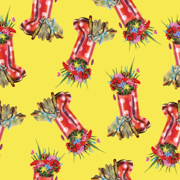 美丽的手绘水彩蔬菜和花卉花园无缝图案设计图片下载