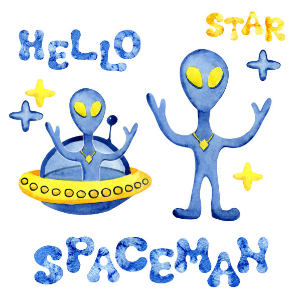 手绘空间元素。空间水彩。卡通太空火箭，行星，星星，月亮为设计婴儿和男孩的产品图片下载