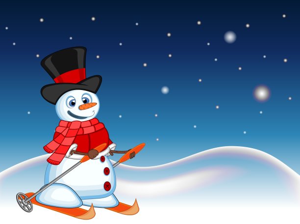 雪人戴着帽子，红色的毛衣和红色的围巾滑雪与星星，天空和雪山背景为您的设计矢量插图图片下载