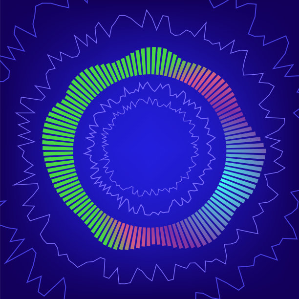 声波圆均衡器。音频数字技术，脉冲音乐图标，彩色灯光霓虹灯技术波浪概念在蓝色背景图片下载