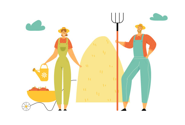 农民人物男人与干草叉，妇女与水可以站在附近的小推车满成熟的蔬菜和干草，园艺，收获，农业。卡通平面矢量插图图片下载