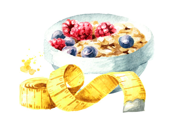 饮食概念。健康的食物，什锦麦片和卷尺。水彩手绘插图，孤立的白色背景图片下载